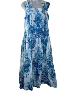 VTG Ulterior Motives Womens A Line Midi Dress Delft Blue Floral Button Bow L